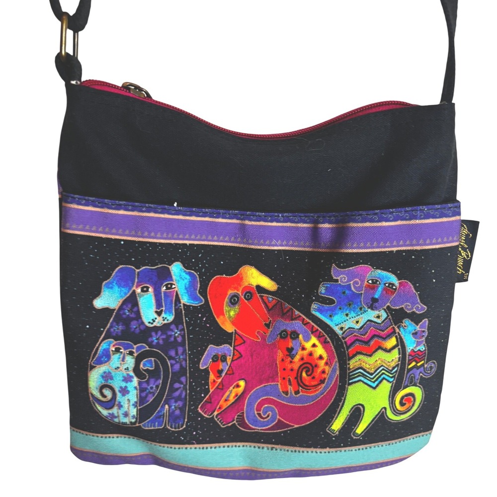 Laurel Burch Dog Art Canvas Crossbody Bag Black Multi Color Messenger Purse